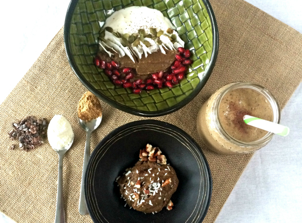 Top - Choco-Maca Breakfast Bowl Right - Cacao Maca Fertility Smoothie Bottom - Cacao Maca Mousse Left - Raw Cacao Nibs, FertiliWhey Protein Powder, Fertilica Maca Powder