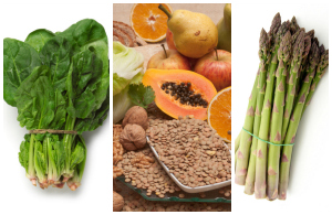 Folate rich foods include spinach, lentils, papaya, grapefruit, walnuts, and asparagus.
